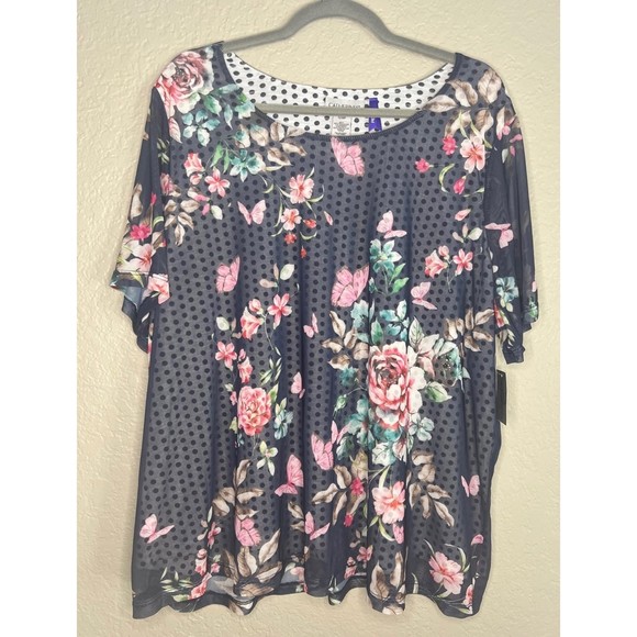 Catherines Tops - Catherines NWT Black Floral & Polka Dot T-Shirt Blouse Plus Size 1X Petite